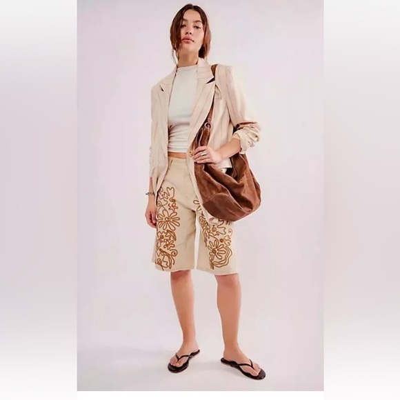 Free People We The Free Cruisin' Soutache Embellished Short Bermuda Ivory Khaki